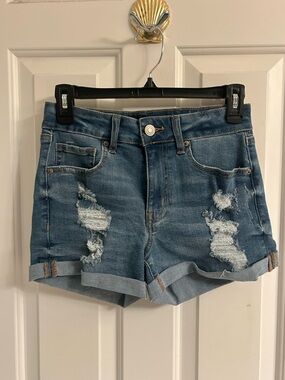Aeropostale Distressed Rolled-Hem Denim Shorts - Blue
